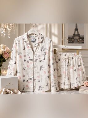 Petite Plume women’s pajama set in a beautiful Paris-inspired print. 🤍🗼